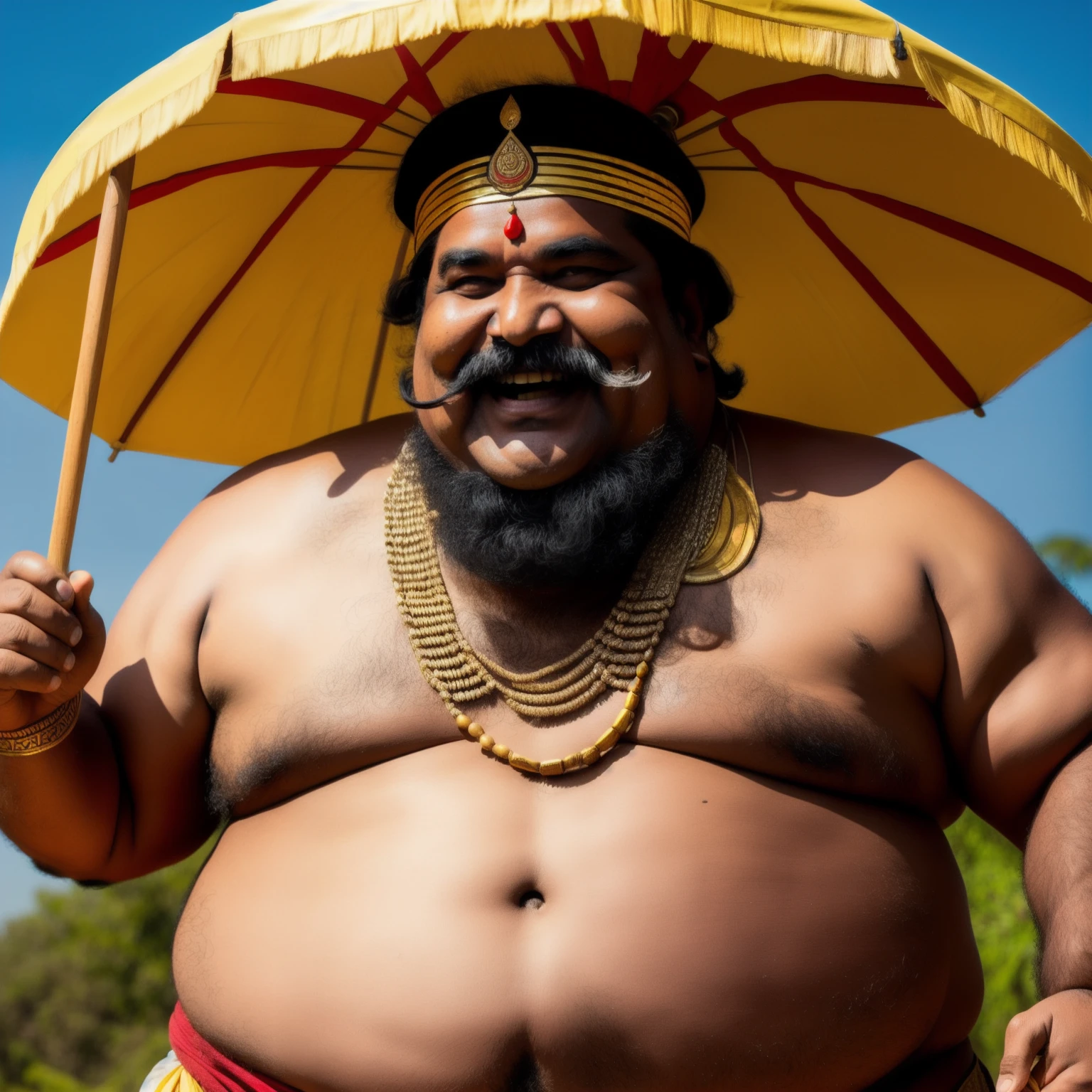 funny fat ancient Indian King with huge smile and mustache. Big belly and hold a old wooden umbrella