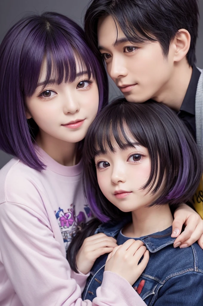 Highest quality、masterpiece、Deformation、Chibi Character、Couple embracing each other facing each other、Happy background、Boy with short black hair、A girl with long, purple hair that reaches down to her chest