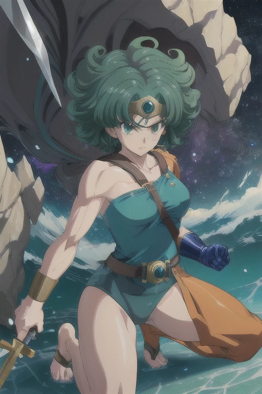anime artwork anime artwork masterpiece,best quality, unreal engine, ultra res, extremely detailed
ROUND BREASTS, medium BREASTS
1girl, waist, slender,(muscular:0.9)
HEROINE,
CIRCLET, CURLY HAIR, GREEN HAIR, SHORT HAIR, ASYMMETRICAL CLOTHES, LEOTARD, BELT, SINGLE GLOVE, SINGLE SLEEVE, SINGLE THIGHHIGH
cave, holding sword, . anime style, key visual, vibrant, studio anime, highly detailed