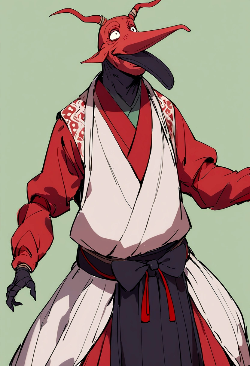 
Live Action Prompt Tengu, a humanoid-shaped Japanese monster with a red, ugly face and a long nose that hangs vertically in the air, wears Yamabushi clothing.