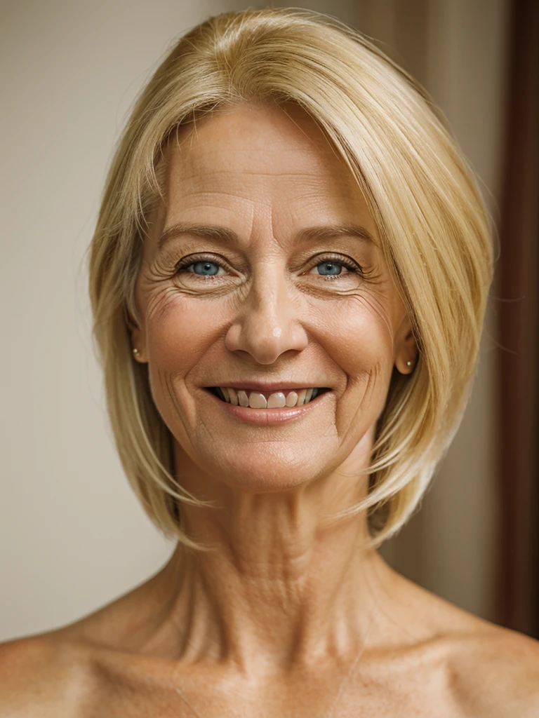 A realistic, photorealistic image of Felicidad, a 60-year-old Finnish woman with a Scandinavian background, (((blonde and shoulder length hair))), smiling and enjoying