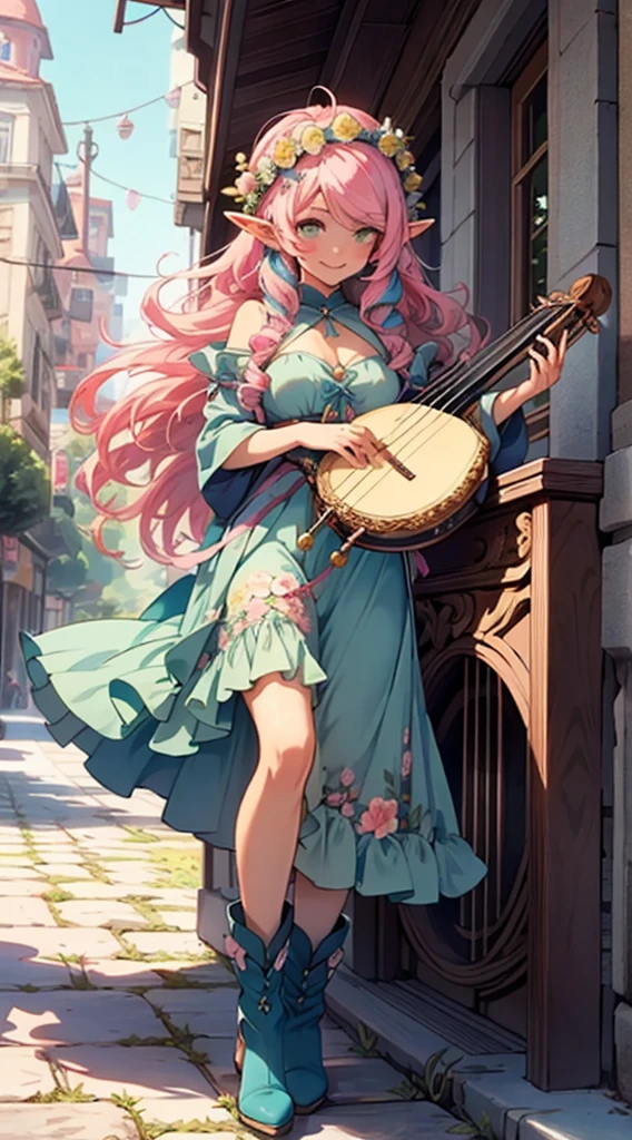 beautiful shy adult elf, long pink hair and blue streaks hair, green eyes, with flower crown, smile, flirty bard, playing a lyre, full body, boots, blue and pink dress, medium bust,