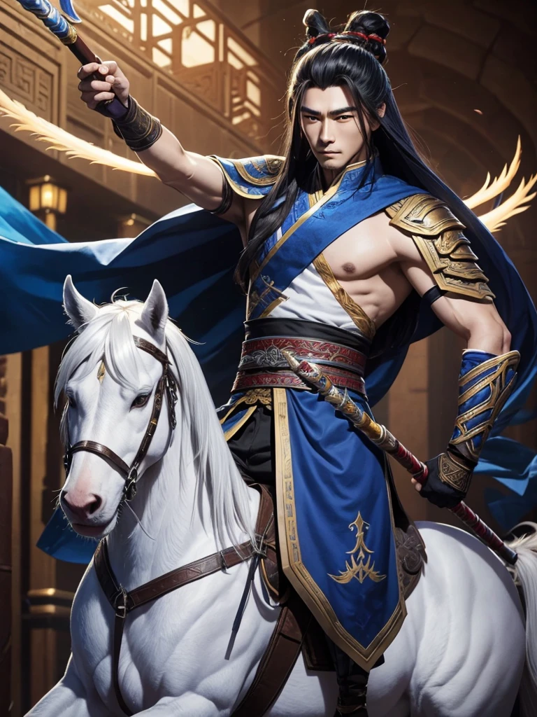 zhao zilong a handsome man, a general holding a spear and riding a white stalion