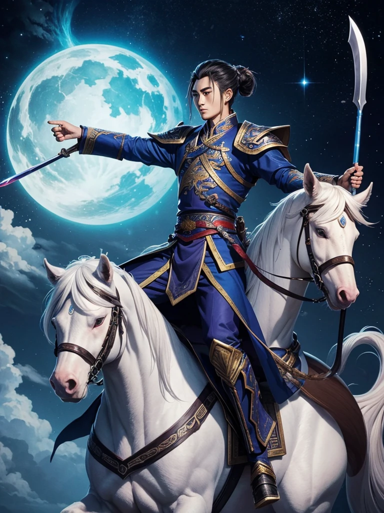 zhao zilong a handsome man, a general holding a spear and riding a white stalion