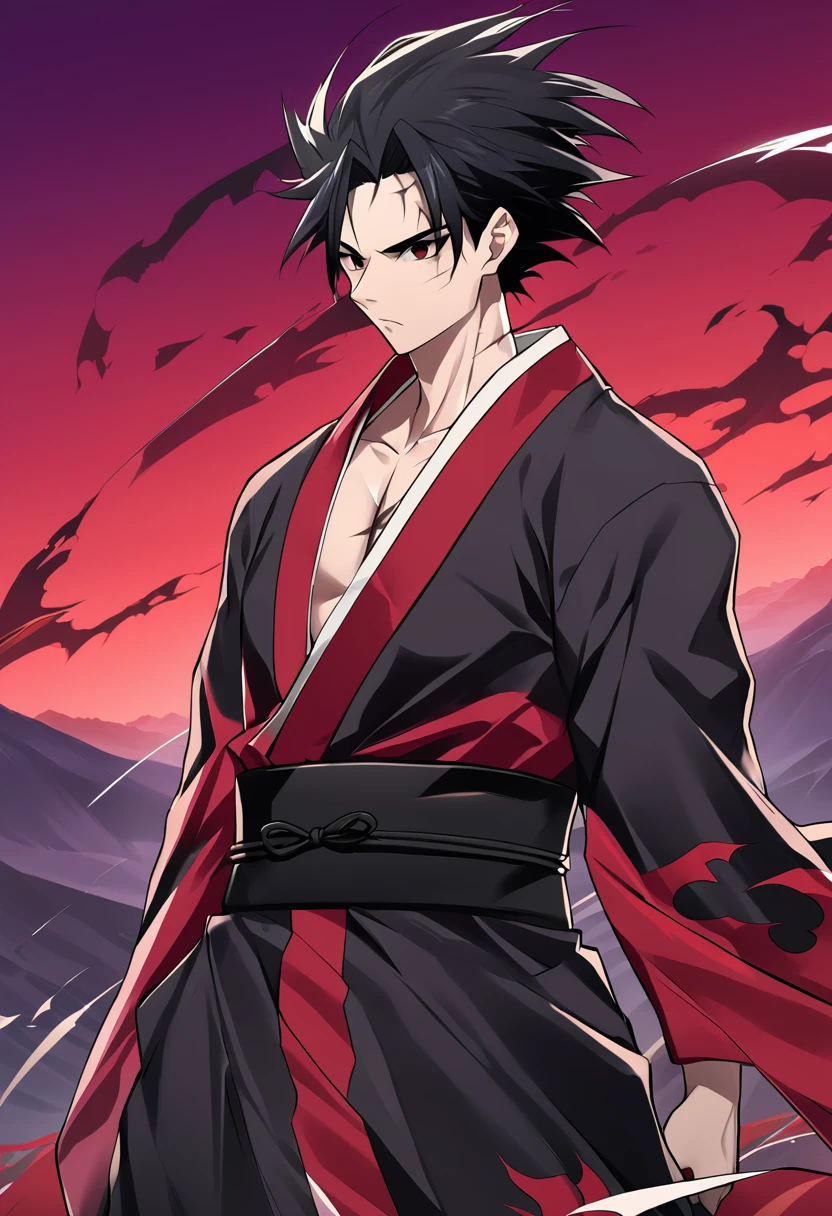 1boy, male focus, ponyzeldris, black hair, short hair, spiked hair, black eyes, red eyes, empty eyes,muscle, wearing white torn kimono,in a red land, purple mountains, red sky, wind, clothes in the wind, hair in the wind, serious expression, powerful posing,scars at body