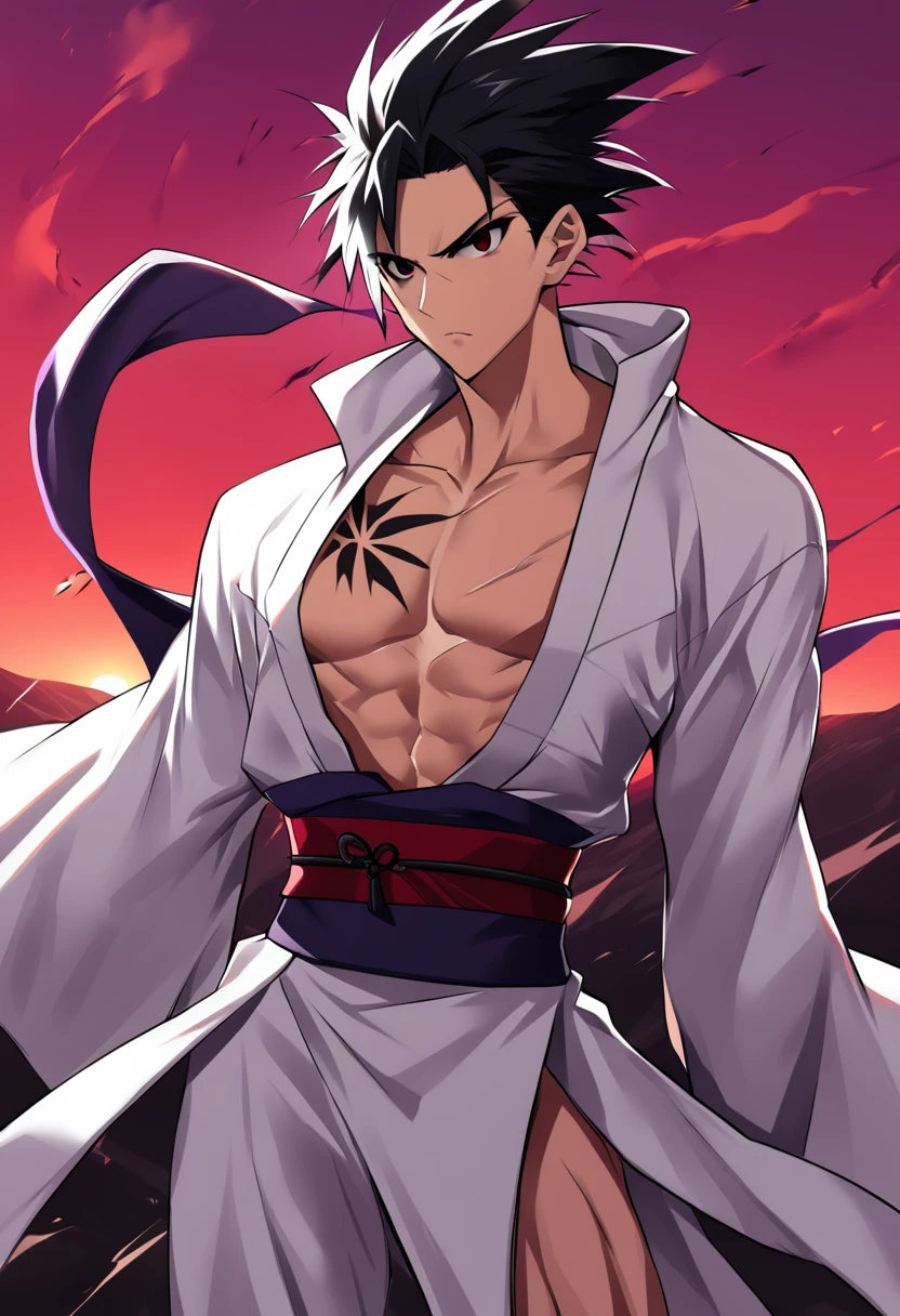 1boy, male focus, ponyzeldris, black hair, short hair, spiked hair, black eyes, red eyes, empty eyes,muscle, wearing white torn kimono,in a red land, purple mountains, red sky, wind, clothes in the wind, hair in the wind, serious expression, powerful posing,scars at body