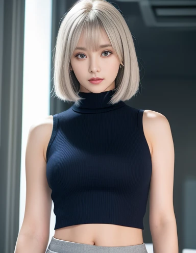 (8k, Photorealistic, Raw photo, Highest quality: 1.4),Japanese idol-style beautiful girl,18-year-old,Short Bob,Silver Hair,Big, clear grey eyes,Long eyelashes,Healthy, plump lips,He was wearing a black silk pajama jacket with all the buttons undone and the collar hanging down to his shoulders, right on his bare skin.,Both shoulders are visible and the chest is open wide.,I'm not wearing a bra,Wearing black lace panties.Waking up,sitting cross-legged on the bed,He stretches his arms straight up and yawns,Panties are visible,Looking at the camera