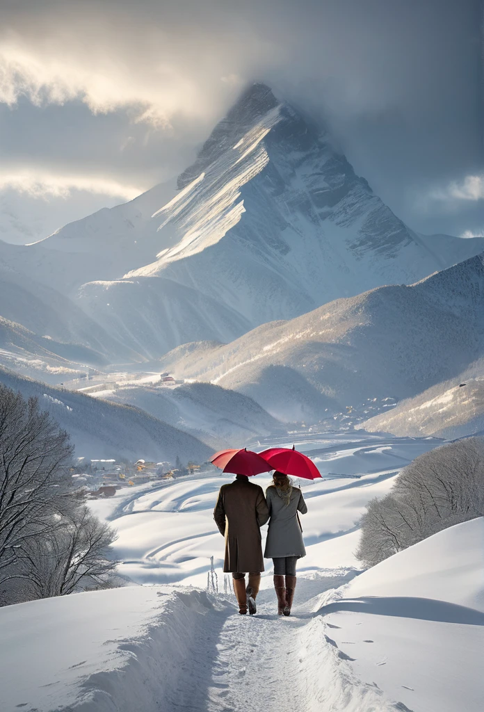 heavy snow，Blizzard，下heavy snow，A couple of lovers，Share an umbrella，Back，Back，warmth，Touching，Go into the distance，S-shaped path，Distant Mountains，RAW，8k，Detailed Details，Best quality，Perfect color matching，Sense of atmosphere，Masterpieces shot by international photography masters，National Geographic Photography Award Winners