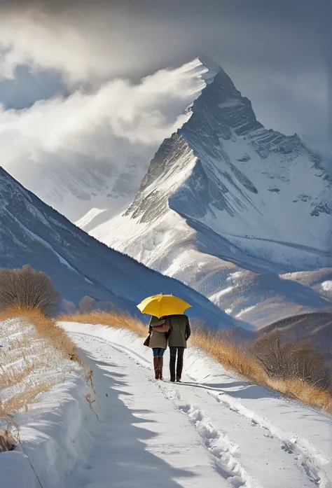 heavy snow，blizzard，下heavy snow，a couple of lovers，share an umbrella，back，back，warmth，touching，go into the distance，s-shaped pat...