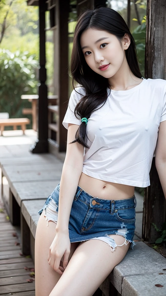 masterpiece, 最OK品質, Surreal, Ultra Detailed, 8k resolution, RAW photos, Clear focus, (A girl in the forest), Girl in white OK and tight denim skirt posing for photo, whole body, Wear with a cropped T-shirt, OK, slim, Smaller bust, slim的女孩模特, 24-year-old female model, whole body姿势, Solitary, Perfect body, Become a, 32 inches in the chest,(a charming smile:1), (sexy pose),26 years old, light,White shoes