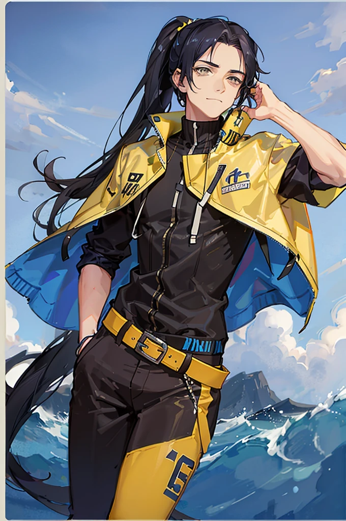 A desain solo boy, with ponytail, His hair is yellow, his eyes are blue, he wears a baseball jacket coklat and,school, vintage boy!!!!!