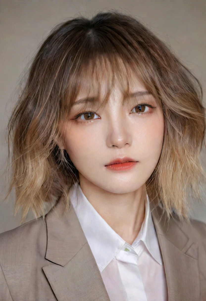 table top, highest quality, realistic, Super detailed, finely, High resolution, 8k wallpaper, 1 beautiful woman,, light brown messy hair, wearing a business suit, sharp focus, perfect dynamic composition, beautiful and detailed eyes, thin hair, Detailed realistic skin texture, close-up portrait, model body shape