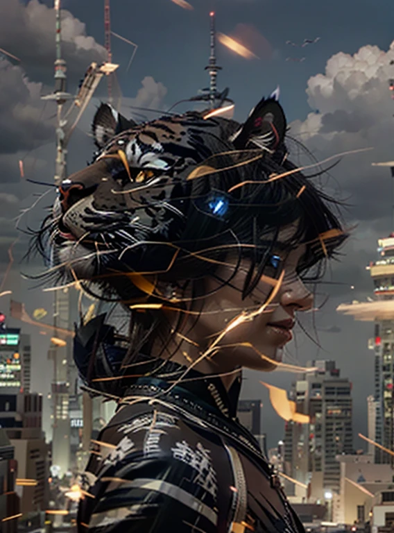 <realistic, intricate details, cinematic), a beautiful ((black tiger)), with blue flames effects