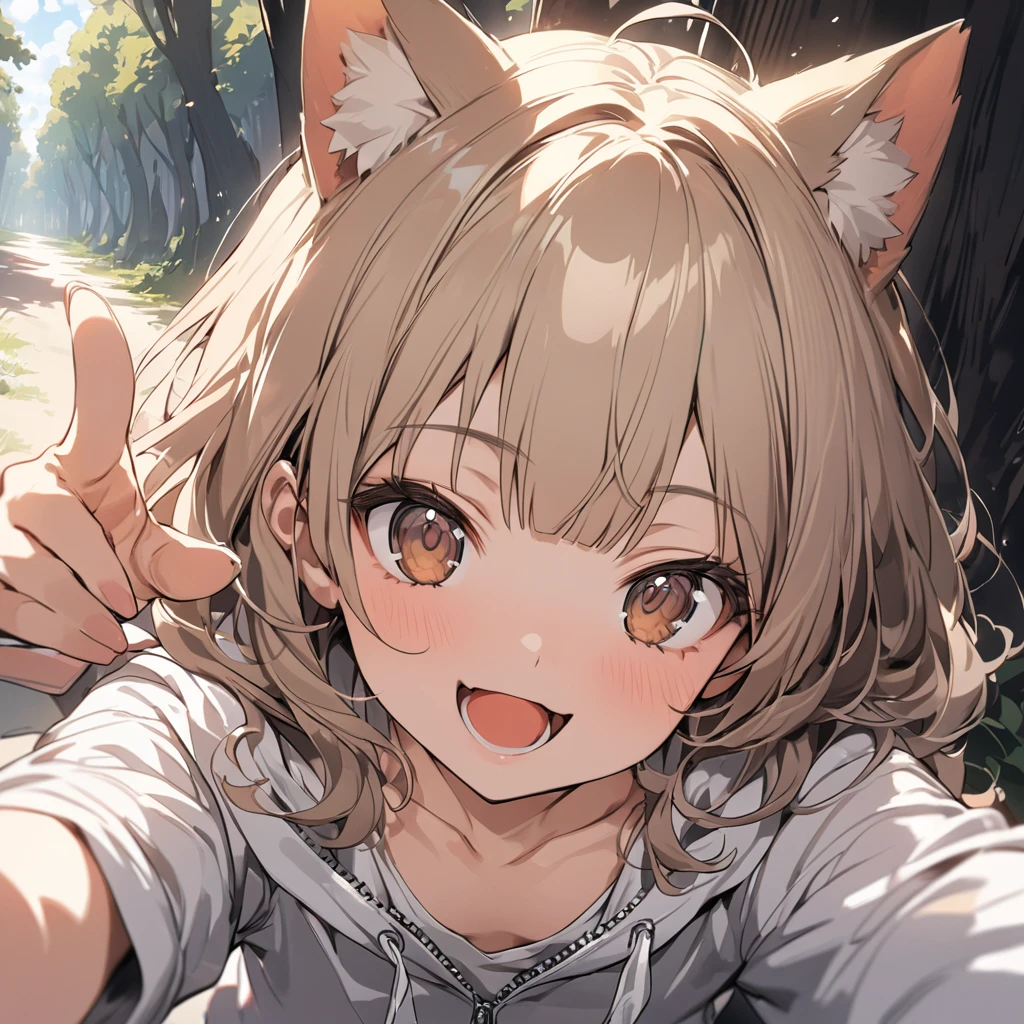((Masterpiece)), ((best quality)), (Anime:1.3), (super detail:1.2),(High Definition:1.3), (Professional Photography:1.2), (wide shot), (sharp focus), (perfect light), ((12 years old)), from above, (morning), messy medium hair, Beautiful collarbone, (cute hoodie with zipper), white tanktop, (Healthy slim body), (loose blunt bangs), Slender body, glossy skin, (nauthy smile), open mouth, ((Beautiful brown eyes)), Textured skin, (Cat ears), Pale brown hair, Cute Beautiful Girl, (slightly exposed small chest), BREAK, ((best quality)), pointing forward with hand, ((lean against a giant trees)), (sharp focus), perfect hands, (perfect light),