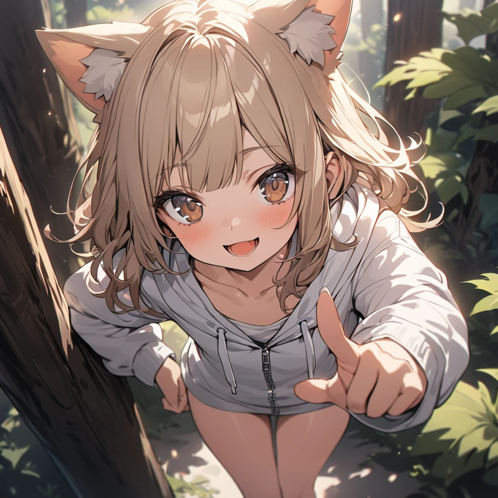 ((Masterpiece)), ((best quality)), (Anime:1.3), (super detail:1.2),(High Definition:1.3), (Professional Photography:1.2), (wide shot), (sharp focus), (perfect light), ((12 years old)), from above, (morning), messy medium hair, Beautiful collarbone, (cute hoodie with zipper), white tanktop, (Healthy slim body), (loose blunt bangs), Slender body, glossy skin, (nauthy smile), open mouth, ((Beautiful brown eyes)), Textured skin, (Cat ears), Pale brown hair, Cute Beautiful Girl, (slightly exposed small chest), BREAK, ((best quality)), pointing forward with hand, ((lean against a giant trees)), (sharp focus), perfect hands, (perfect light),