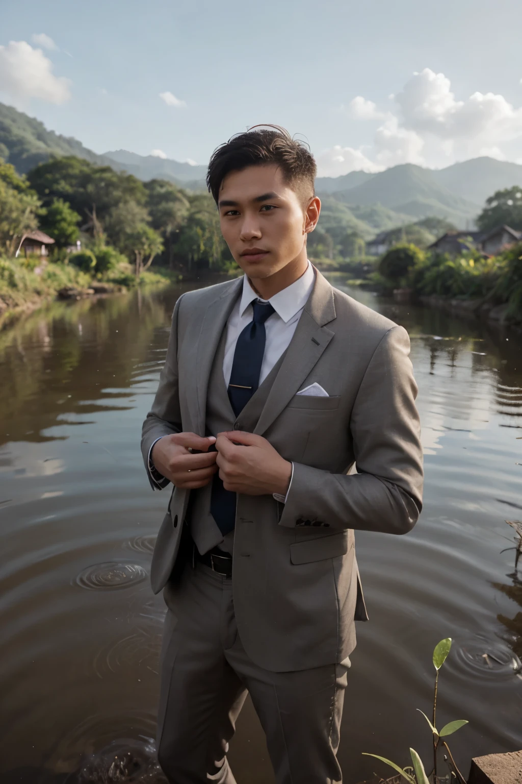 Hand some man with short hair, wearing suit and tie in ricefield
