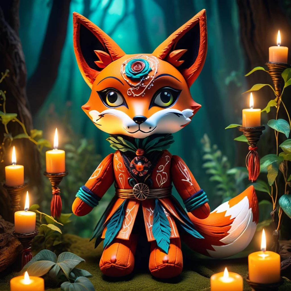 (knitted toy voodoo doll:1.9), (Voodoo Illusionist Fox:1.6), (Clothing: flowing robes with shimmering patterns:1.0), (Accessories: enchanted mask, glowing lantern, mystical herbs:1.2), (Background: enchanted forest with swirling mist, glowing plants, and mystical runes:1.2), (full body:1.0), best quality, masterpiece, detailed soft oil painting, detailed background, dramatic cinematic lighting, soft edge lighting, professional, dramatic lighting, hard edge lighting, ultra quality, 4k,masterpiece, best quality, 8k, ultra highres, highres, extremely detailed
