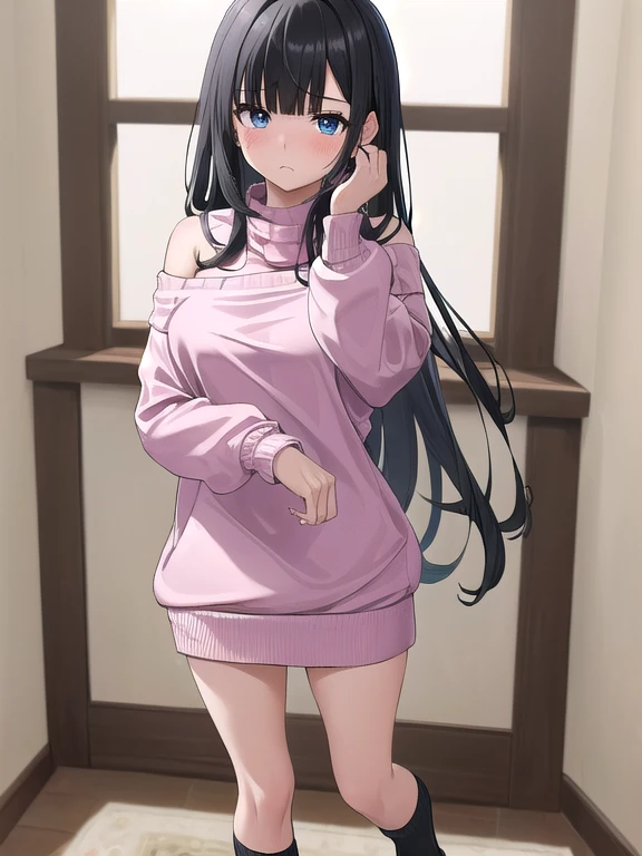 (masterpiece:1.3), (Absurd:1.3), (highest quality:1.3), The Hands of Guido Daniele, (Very detailed:1.3), (Best Shadow:0.7), (Processed Hair), One girl, alone, S1, aizawa ema, 16 years old, (medium Breasts:1.0), perky breasts, cleavage, (thick thighs:0.4), (black hair:1.4), Asymmetrical bangs, Blunt bangs, blue eyes, (pink sweater dress:1.4), Top, cleavage, Bare shoulder, no bra, (nipple shape:1.0), (simple black socks:1.4), cute face, panic face, (embarrassed:1.0), in the bed room, beside the bed, standing up, full body,