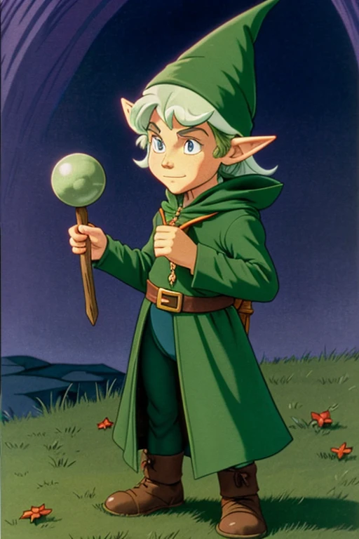 a cartoon character dressed in a green outfit, leotard, young half elf wizard, a young male wizard, half-elf time wizard, granny weatherwax, 1980s cartoon, animated episode still, norman rockwel, witch academia, portrait of a young elf wizard, tiny evil alchemist gnome, presto, (((mad))) elf princess, gadget hackwrench