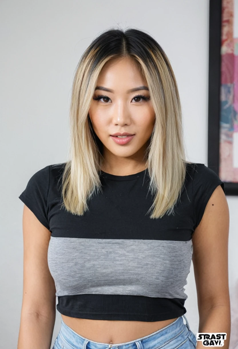 Woman, Asian American, very attractive, big lips, blonde highlights, straight hair, big tits, fully clothed, tight baby tee,