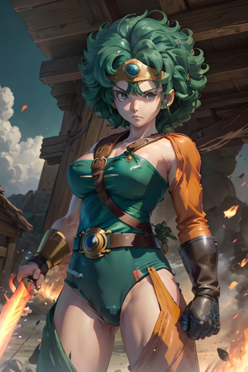 Anime Artwork Anime Artwork Masterpiece,Highest quality, Unreal Engine, Ultra-high resolution, Very detailed丸い胸, 1 person with medium chest,  Waist, thin,(Muscular:0.9)
 heroine, 
Circlet, Curly Hair, Green Hair, short hair, Asymmetrical clothing, leotard, belt, One-handed gloves, Single Sleeve, Single Thigh High Cave, Holding a sword, . Anime Style, Key Visual, Vibrant, Studio Anime,  Very detailed、Crippling、Hurt、ダメージを受ける、Get on both knees、