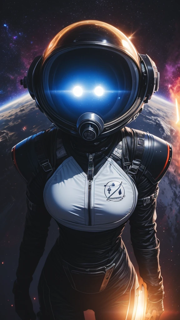 Alien woman, in a space suit, lots of cleavage, (floating in space), ((floating next to space ship)), (viewport of a nebula), faceless, helmet, combine assassin, military, gas mask, shoulder armor, armor, bulletproof vest, one-eyed, black bodysuit, white armor, glowing eye, 