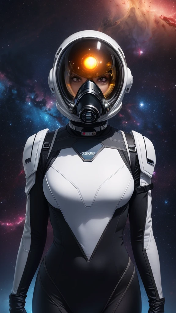 Alien woman, in a space suit, lots of cleavage, (floating in space), ((floating next to space ship)), (viewport of a nebula), faceless, helmet, combine assassin, military, gas mask, shoulder armor, armor, bulletproof vest, one-eyed, black bodysuit, white armor, glowing eye, 