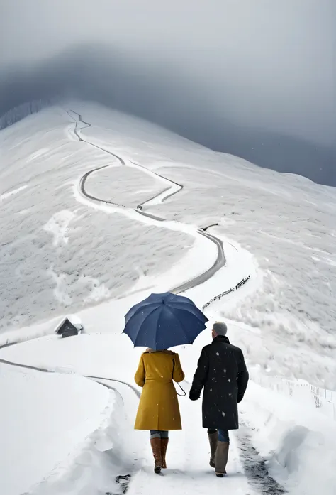 heavy snow，blizzard，下heavy snow，a couple of lovers，share an umbrella，back，back，warmth，touching，go into the distance，s-shaped pat...