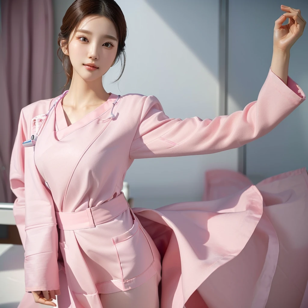 (dancing:1.5), Beautiful Korean female doctor wearing pink scrubs, beautiful detailed face, Korean woman, pale skin, realistic skin, detailed cloth texture, detailed hair texture, Perfect proportion, Beautiful Face, accurate, Anatomically correct, Highly detailed face and skin texture, from behind , looking at viewer, hospital room