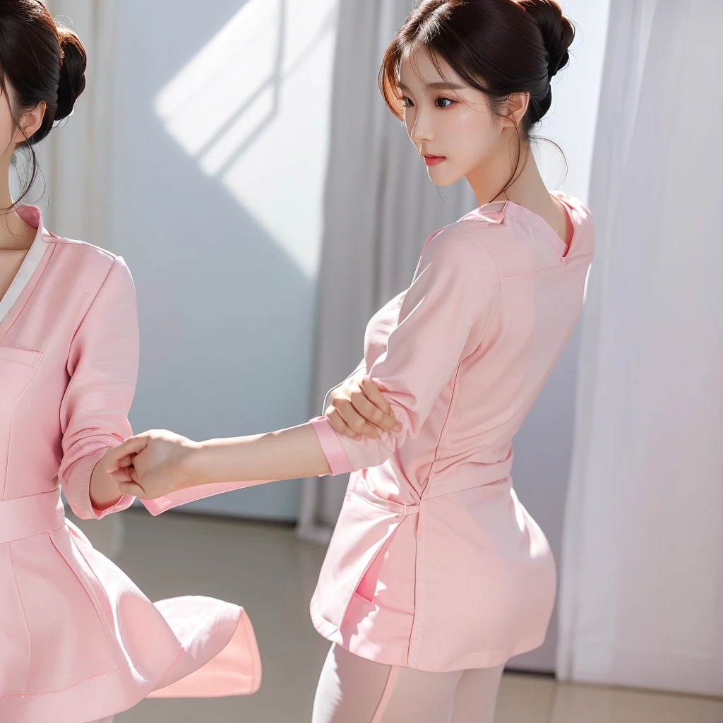 (dancing:1.5), Beautiful Korean female doctor wearing pink scrubs, beautiful detailed face, Korean woman, pale skin, realistic skin, detailed cloth texture, detailed hair texture, Perfect proportion, Beautiful Face, accurate, Anatomically correct, Highly detailed face and skin texture, from behind , looking at viewer, hospital room