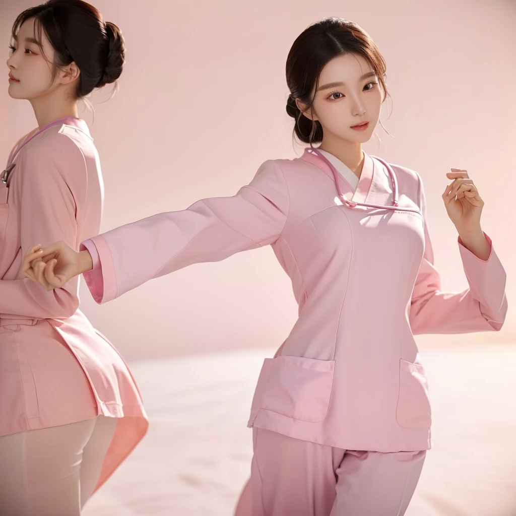 (dancing:1.5), Beautiful Korean female doctor wearing pink scrubs, beautiful detailed face, Korean woman, pale skin, realistic skin, detailed cloth texture, detailed hair texture, Perfect proportion, Beautiful Face, accurate, Anatomically correct, Highly detailed face and skin texture, from behind , looking at viewer, hospital room