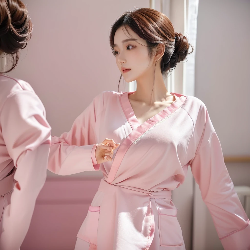 (dancing:1.5), Beautiful Korean female doctor wearing pink scrubs, beautiful detailed face, Korean woman, pale skin, realistic skin, detailed cloth texture, detailed hair texture, Perfect proportion, Beautiful Face, accurate, Anatomically correct, Highly detailed face and skin texture, from behind , looking at viewer, hospital room