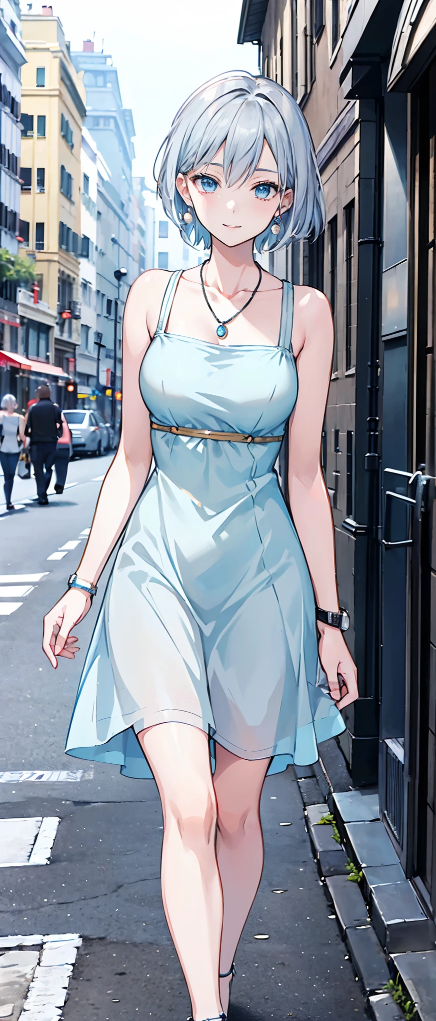 High resolution, high resolution,2D Anime Style,,Cool woman,Mature look,,20th Generation,Silver short hair,Light blue eyes,Beautiful watch,Beautiful earrings,Beautiful necklace,Wearing a short dress,,He is smiling a little,whole body,Walking around the city,