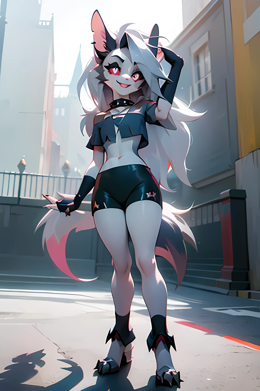 masterpiece, best quality, loona hellhound, loonacroptop, loonashorts, detailed face, detailed eyes, (slit pupils, white eyes), red sclera, happy, [smile, [spiked collar]], pentagram, fingerless gloves, shorts, digitigrade, standing, street, sunny rays 