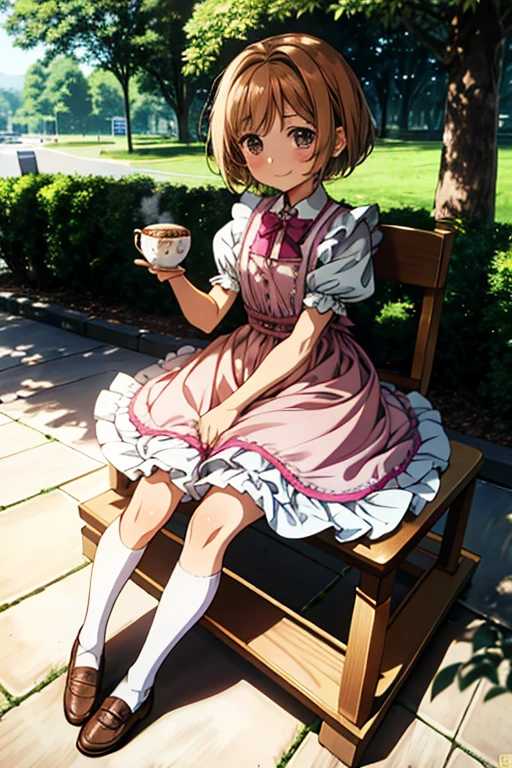 anime,cute, Large parks,A magical girl is drinking tea from a plastic bottle,6  girl,Short Bob Hair,Brown Hair,White Ruffled Apron Dress,Wear a petticoat,Wear knee-high socks,Your eyes are sparkling,Happy expression,Full body portrait,Beautiful background,High resolution backgrounds