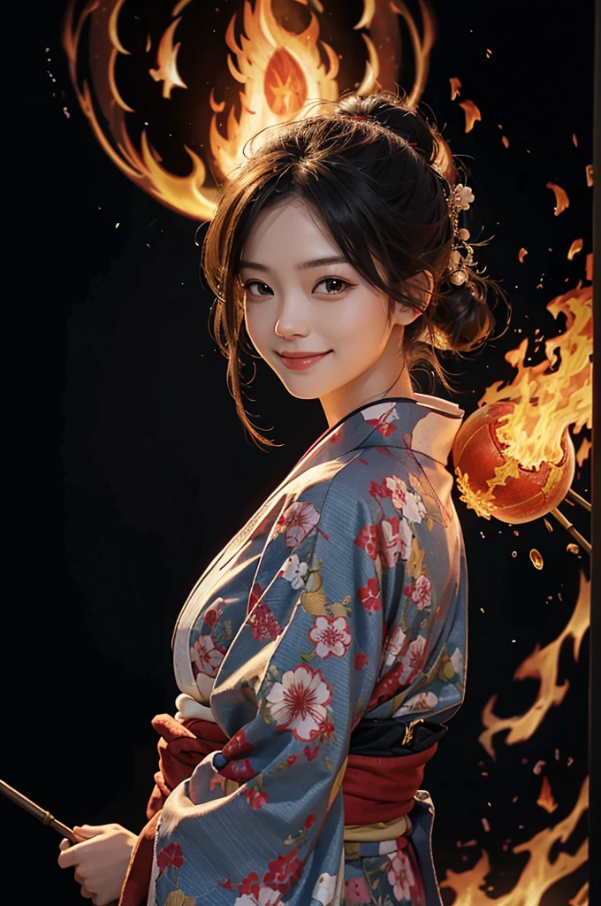 A smiling beautiful woman in a kimono manipulates flames and shoots fireballs against a background of burning flames