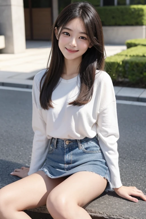 {Highest quality}、{so beautiful}、{Super quality}、{Best illustrations}、super high quality、Japanese Girls1people々、Casual clothing、Not wearing underwear、Ultra mini skirt、Not wearing panties、Attractive thighs、Both legsMWide open letters、chest wide open、Face of joy、Small breasts、smile、No underwear、Sitting