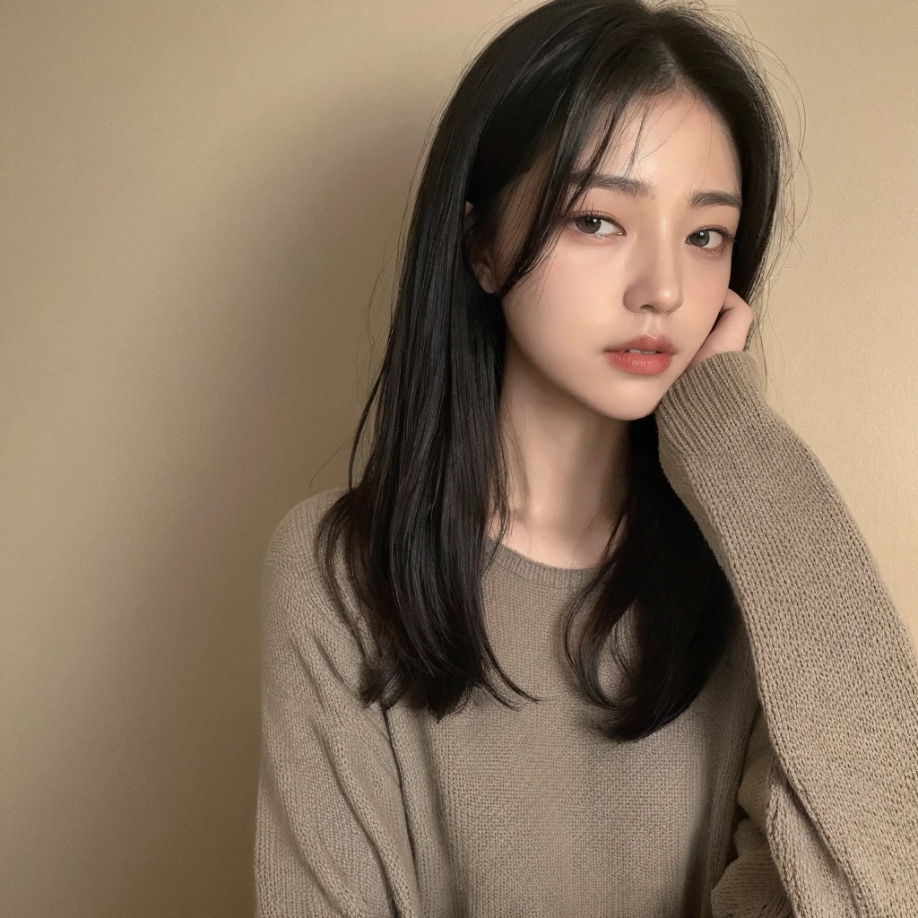 ((Highest quality、8K、masterpiece:1.3))、Home、short hair、A young woman is wearing a grey knitted、Hiding the mouth、Long black hair is beautiful、Only the eyes are visible。The background is a simple beige wall.、The overall atmosphere is calming.。