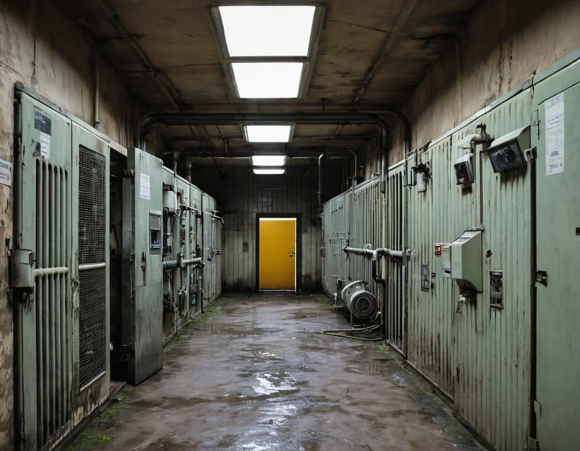 Unsanitary room with electronic equipment such as circuit breakers, valves, of pipes, boiler rooms. There are prison bars and bars, all in a heavy and distressing atmosphere. [realistic] [liminal space] [Angoisse] [Scary]