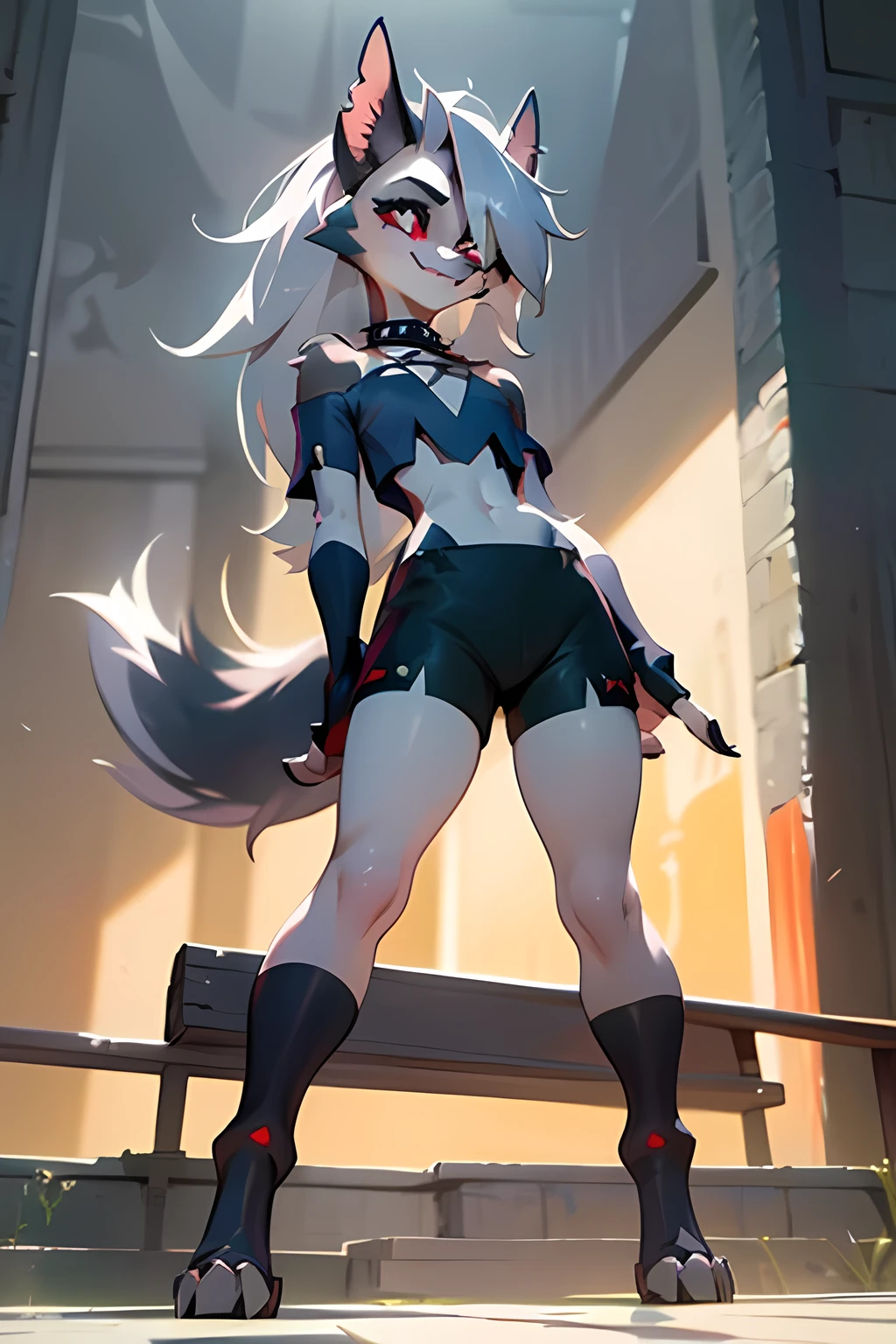 masterpiece, best quality, loona hellhound, loonacroptop, loonashorts, detailed face, detailed eyes, (slit pupils, white eyes), red sclera, happy, [smile, [spiked collar]], pentagram, fingerless gloves, shorts, digitigrade, standing, street, sunny rays 