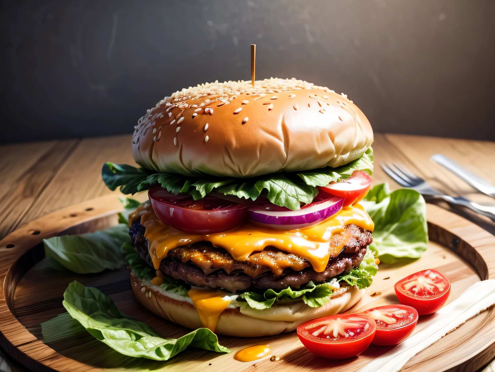 Masterpiece, 8K, burgers, lettuce, tomatoes, dripping cheese,