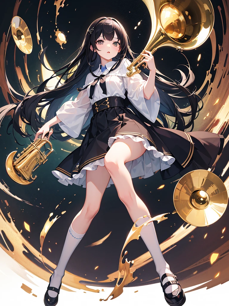 high resolution。High resolution、Low - Angle、masterpiece、Beautiful black-haired girl、17 years old、Round eyes、Playing the Trumpet、White sleevelesiniskirt and knee socks。sweating、high resolution8K