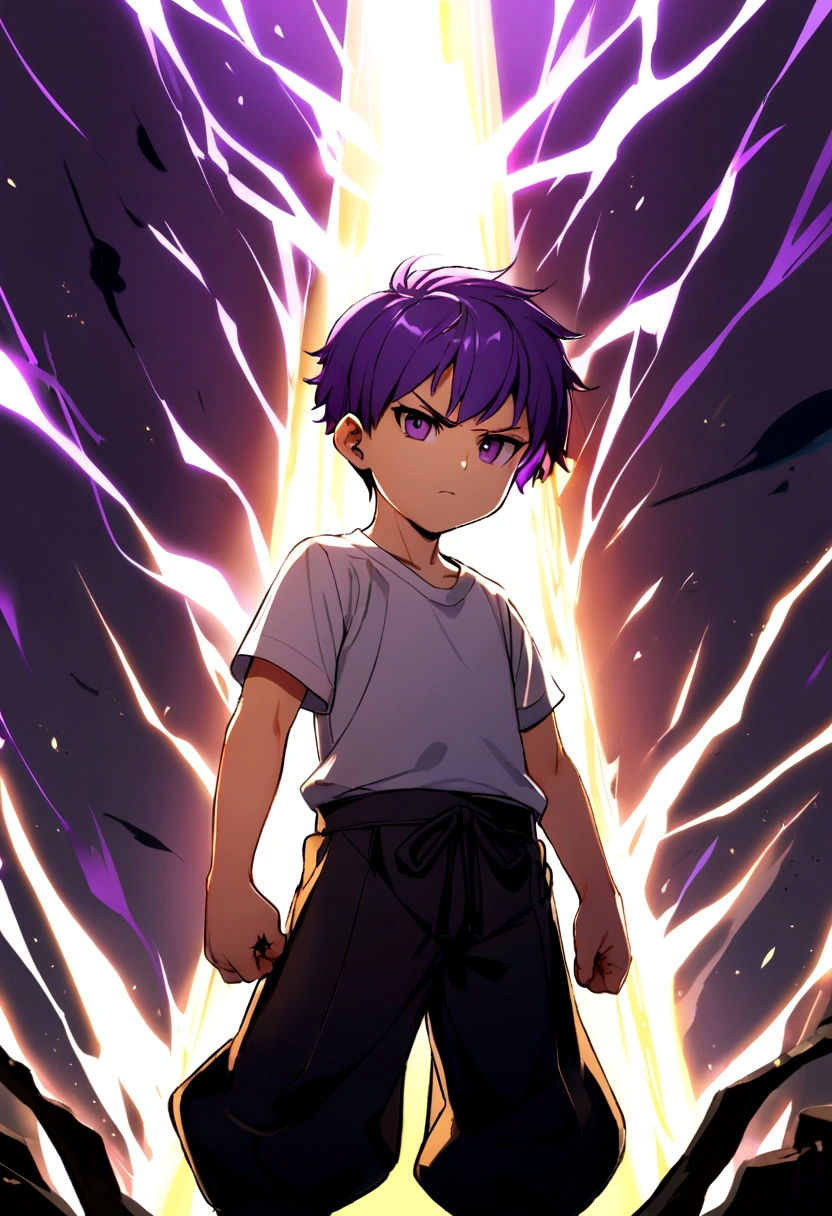 6 years old boy, purple hair with bangs, dark purple eyes, black 2-strap pants, white t-shirt with yellow border. arrogant