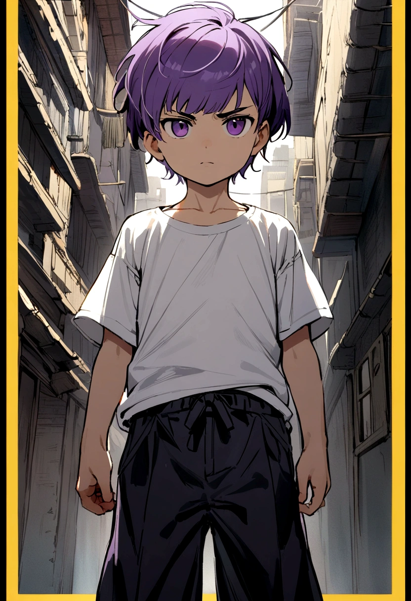 6 years old boy, purple hair with bangs, dark purple eyes, black 2-strap pants, white t-shirt with yellow border. arrogant