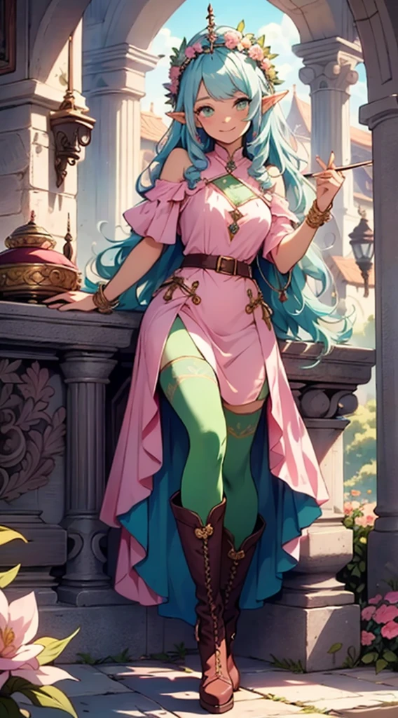 beautiful shy adult women elf, long pink hair and blue streaks hair, green eyes, with flower crown, smile, flirty bard, playing a magical harp, full body, boots, blue and pink armor dress, medium bust,