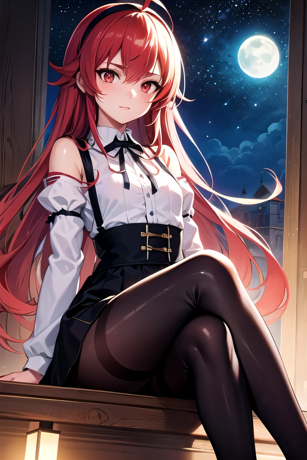 Masterpiece, top quality, best quality, official art, beautiful and aesthetic, anime, 1girl,extremely detailed, colorful, more detailed ((ultra-detailed)), (highly detailed CG illustration),eris greyrat, ahoge, hair between eyes, long hair, (red eyes:1.5), red hair, sidelocks, (small breast:1.2),black hairband, black ribbon, brown skirt, hairband, long sleeves, neck ribbon, pantyhose, ribbon, shirt, shoulder cutout, skirt, stocking suspenders, white shirt, wide sleeves,castle, evening, stars, moon, from below, bend over, sitting,cross legs, in center,cleavege