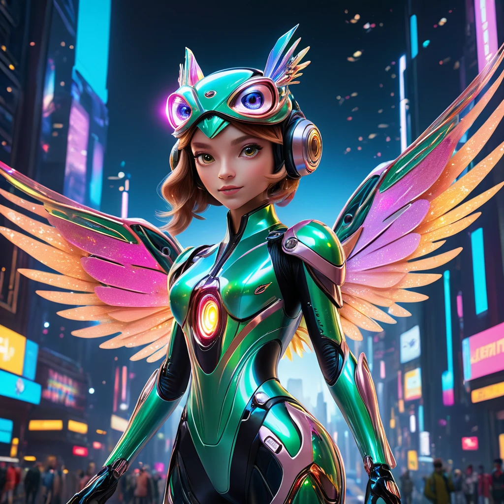 (glossy toy:1.7), (Frog:1.3), (Clothing: semi-synthetic jumpsuit with shimmering holographic inserts, built-in LED panels:1.0), (Accessories: bionic wings with laser feathers, plasma gloves, holographic crown:1.2), (background: high-tech city of the future with hovering platforms and giant holograms, flying cars and robots in the background:1.2),, best quality, masterpiece, detailed soft oil painting, detailed background, dramatic cinematic lighting, soft edge lighting, professional, dramatic lighting, hard edge lighting, ultra quality, 4k,masterpiece, best quality, 8k, ultra highres, highres, extremely detailed