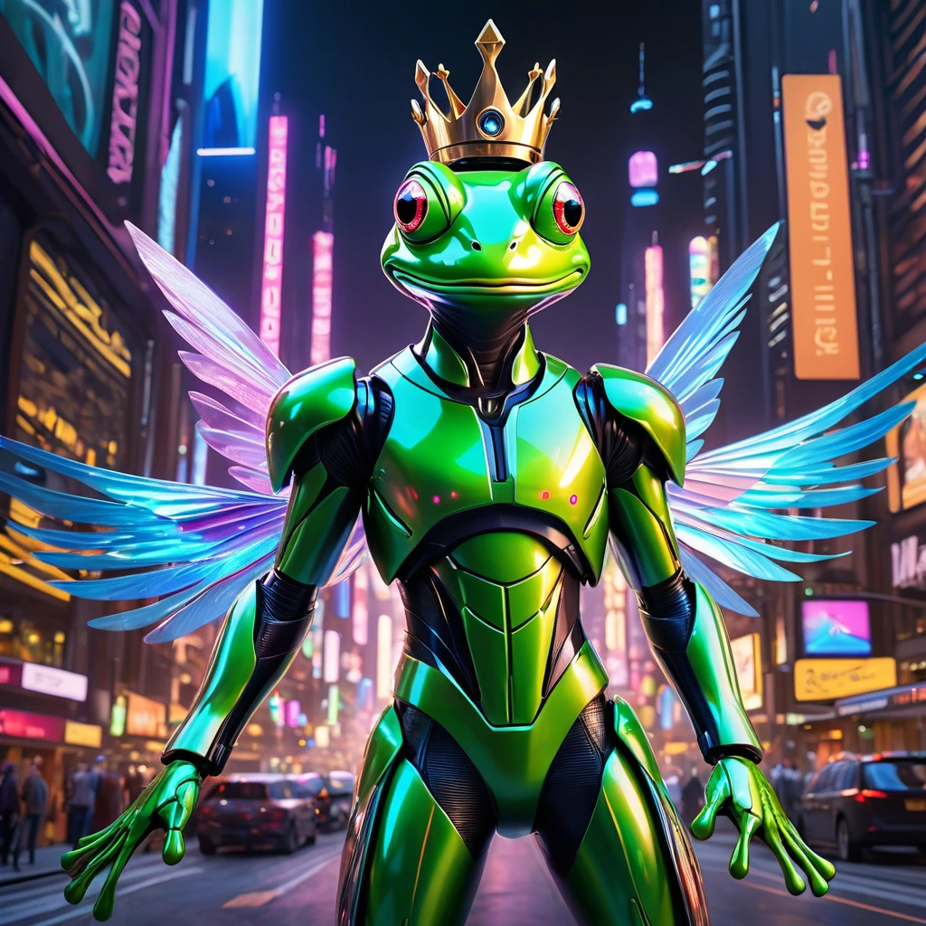 (glossy toy:1.7), (Frog:1.3), (Clothing: semi-synthetic jumpsuit with shimmering holographic inserts, built-in LED panels:1.0), (Accessories: bionic wings with laser feathers, plasma gloves, holographic crown:1.2), (background: high-tech city of the future with hovering platforms and giant holograms, flying cars and robots in the background:1.2),, best quality, masterpiece, detailed soft oil painting, detailed background, dramatic cinematic lighting, soft edge lighting, professional, dramatic lighting, hard edge lighting, ultra quality, 4k,masterpiece, best quality, 8k, ultra highres, highres, extremely detailed
