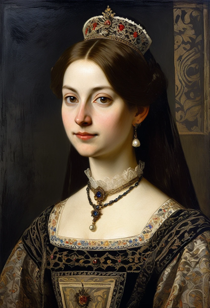[ceremonial portrait]: charming young queen Isabella, a slight mysterious smile from the shoulder, a dress with embroidered patterns, 15 century,(Adolf Piot style)), The dark Renaissance, (fog, very scuffing), ((palette/oil painting palette knife)), ((masterpiece)), single shot, impression:1.2, extreme detail, perspective:1.33, 8k
