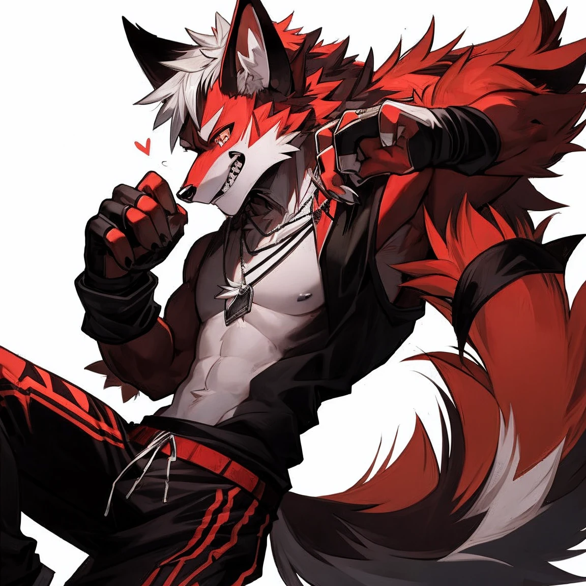 demon,Wolf Tribe,juvenile,Red fur,demon角,Silver necklace,Fingerless gloves,Sportswear